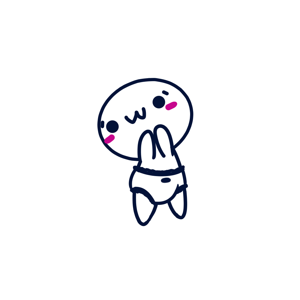 kaochan, a cute kaomoji character (renshuu's mascot) wearing a pullup diaper and looking to the side with a blushy (｡･ω･｡) face as they hold their face cutely with their simple arms